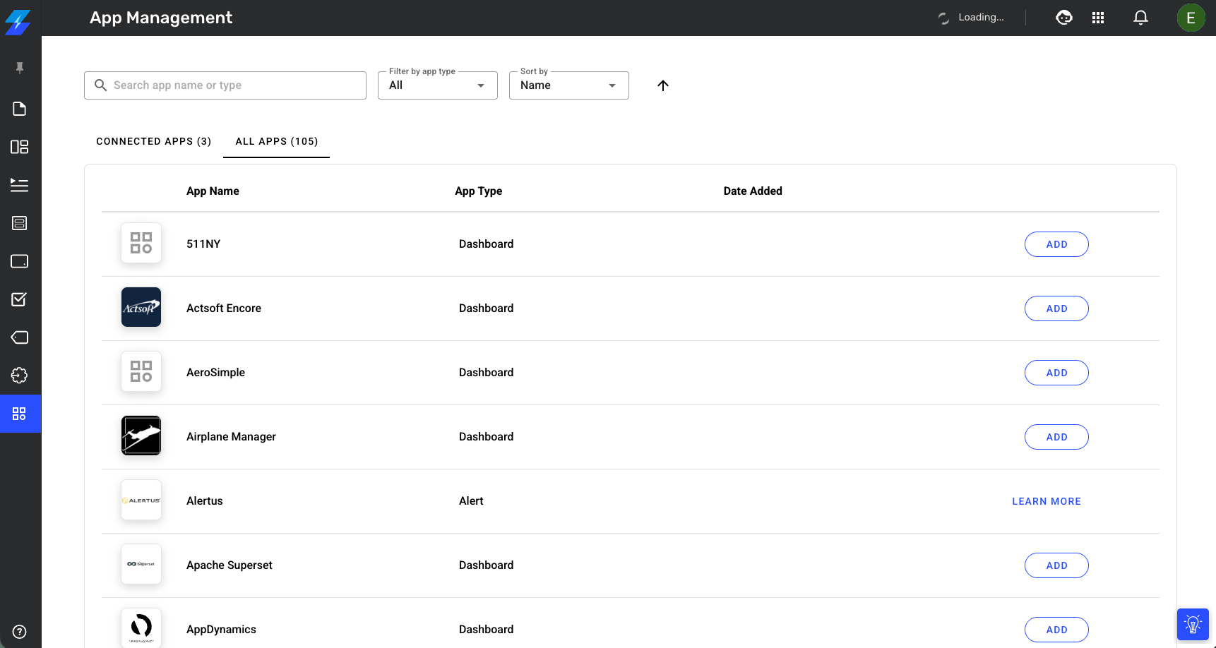 App management interface displaying various applications and their details in a list format.